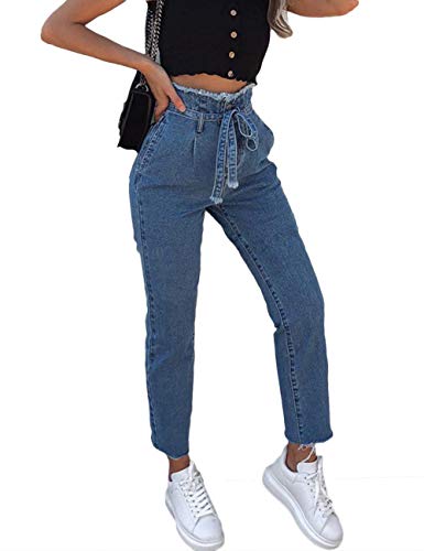 Sexyshine Women's Casual Loose Belted Drawstring High Waisted Denim Jeans Pants