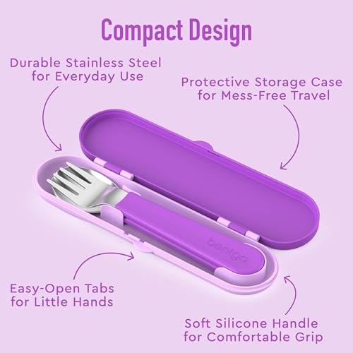 Image of Bentgo Kids Stainless Steel Utensil Set - Reusable Fork, Spoon & Storage Case, PFAS- & BPA-Free, Easy-Grip Handles, Lightweight, Dishwasher Safe, School Lunch, Travel & Outdoors (Purple)