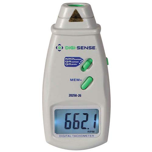 Digi-Sense 20250-26 Digital Contact/Photo Tachometer, 50 cm Measuring Distance, ±0.05% RPM Accuracy, 0.2 to 6561 ft/min, NIST Traceable Calibration