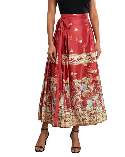 Women's Horse Face Skirt Flower Print Pleated Tie Up A-Line