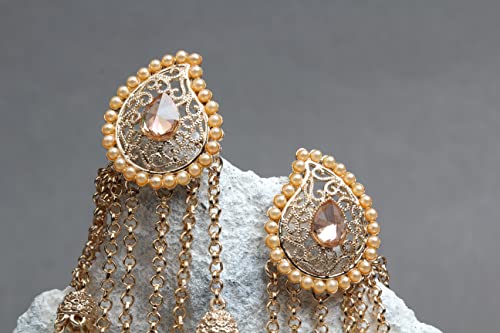 Bindhani Fashion Bollywood Jewellery Traditional Ethnic Bridal Bride Wedding Bridesmaid Gold Plated Kundan Pearl Drop Jhumka Jhumki Head Chain Indian Bahubali Earrings Jewelry For Women #TOP4