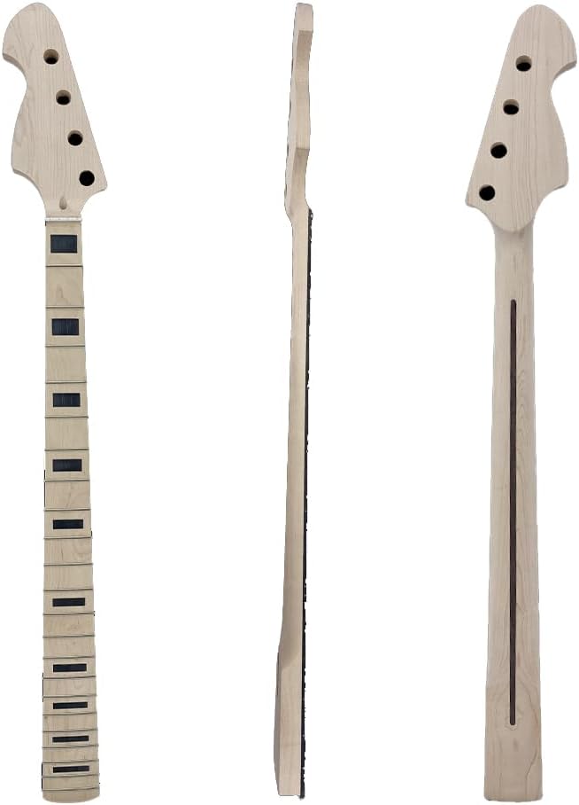 Left Handed 4 String Bass Guitar Neck, 22 Fret 34 Inch Scale Maple Wood with Maple Fretboard Bass Parts Replacement- Black Binding & Block Inlay, Bolt-On Heel, Unfinished (Left Hand)