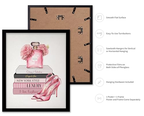 Image of Poster Master Fashion Print - Pink Designer Poster - Shoes & Perfume Art - Chic Gift for Her & Fashionista - Luxury Haute Couture Decor for Bedroom or Girl's Room - 16x20 Black Framed