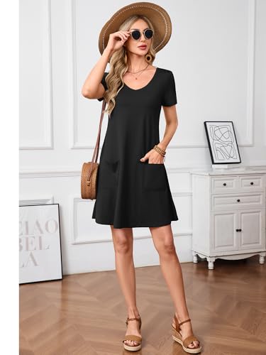 Image of Heymoments Summer Dresses for Women Short Sleeve V Neck Swing Sundress Casual A-Line Flowy Dress with Pockets S-2XL
