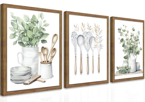 Sage Green Kitchen Canvas Wall Art Set of 3 – Framed Minimalist Eucalyptus Leaves Wall Decor Artwork, Modern Dining Room Plant Pictures Poster Prints for kitchen Home Decoration – 12x16in