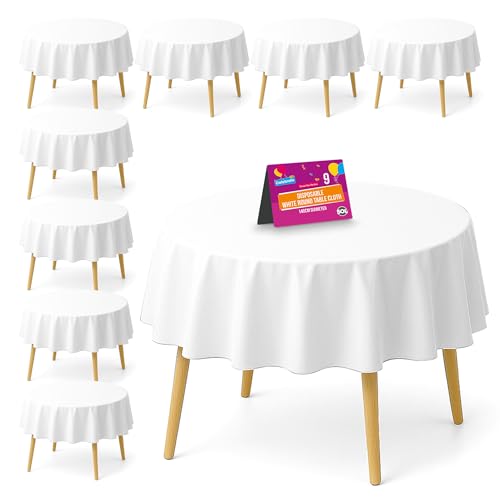 SOL 9pk White Round Table Cloth Disposable 140cm Party Tablecloths for Circular Table Cover - Durable Spill Protection - Christmas Decorations New Years Eve 2026 Weddings Buffets Catering Restaurants