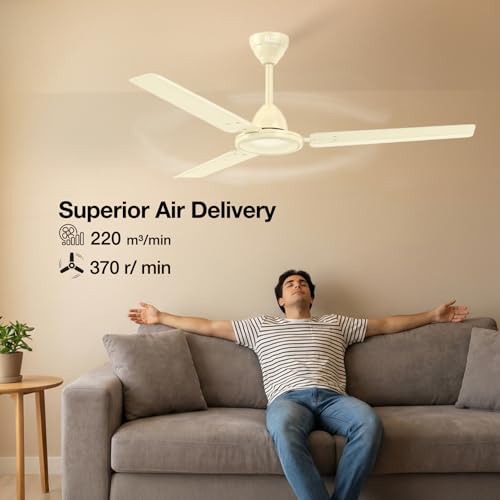 Image of Havells REO Vaayu 1200 mm ES Ceiling Fan | High Speed, High Air Delivery | Strong & Powerful |Air Delivery: 220CMM| RPM: 370| 2 Year Warranty | (Pack of 1, Bianco)