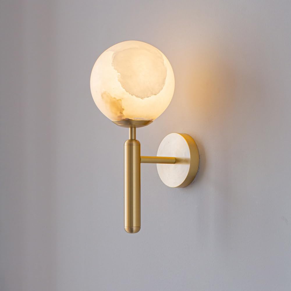 HUAYUSEDF Alabaster Wall Sconce Mid Century Gold Bathroom Vanity Light Fixture Modern Hallway Marble Lighting Nordic Brushed Brass Mounted Lamp for Living Room Bedroom Aisle Porch