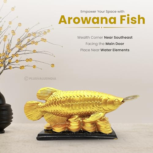 Plus Value Feng Shui Golden Arowana Fish Statue Showpiece with Coin in Mouth Wealth Symbol, Protects Mishaps, Troubles Vastu Products Home & Office Decor Decoration Gifting (Fiber)