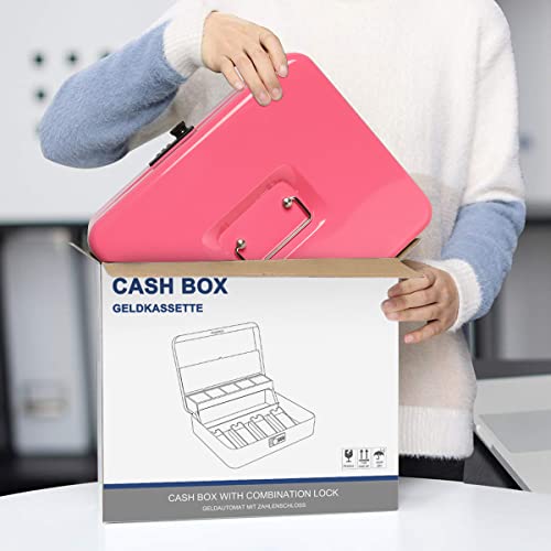 Jssmst Cash Box With Money Tray And Lock - Pink Cash Box With Combination Lock Safe Large, Locking Cash Register Drawer Box For Money, 11.8'' X 9.5'' X 3.5'', Sm-Cb005Pc #TOP6