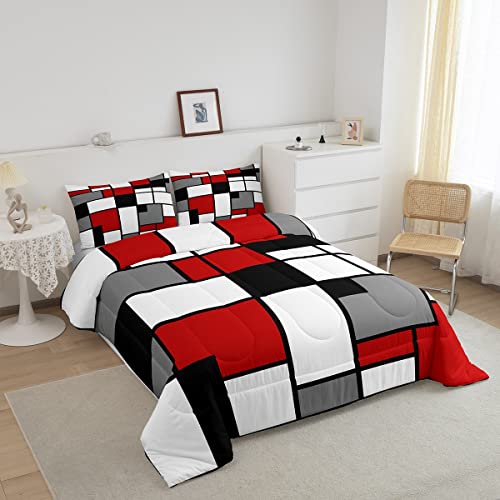 Geometric Grid Bedding Comforters Gray Black Red White Square Comforter Set For Boys Kids Retro Style Bedding Duvet Modern Abstract Home Decoration For All Season,1 Comforter Set + 2 Pillowcases,Full #TOP2