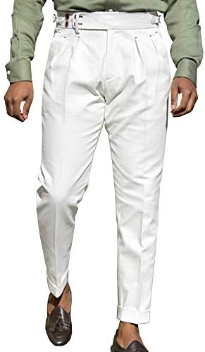 Bbalizko Mens Casual Gurkha Pants Buckle Button Waist Pleated Tapered Cotton Trousers White