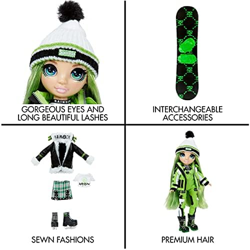 Rainbow High Winter Break Jade Hunter - Green Fashion Doll with 2 Outfits, Snow Gear, & Display Stand - Includes Snow Board, Ice Skates, Accessories, & More - Gift & Collectable for Kids Ages 6+