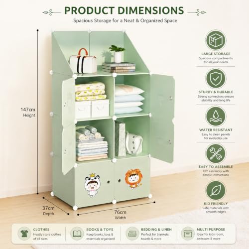 Image of Mevigo Foldable Plastic Wardrobe for Clothes - 6+2 Door Baby Cupboard for Clothes Storage, Wardrobe for Kids, Plastic Almirah, Collapsible Wardrobe for Kids Livingroom & Home -Green-B5