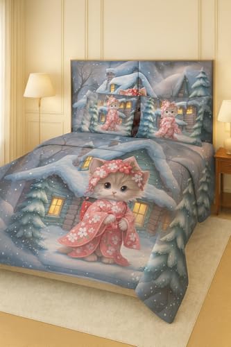 Image of King Size 7D Digital Print Bedsheet - 350 TC Cotton, Kids Friendly Design, Soft & Breathable 180 GSM Fabric, Machine Washable, Gift-Ready Packaging. (108x108 Inches). (Kitty)