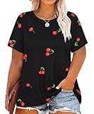 RITERA Plus Size Tops for Women Crewneck Black Tshirts Short Sleeve Oversized T-Shirt for Teen Girls Spring Summer Tunic Tops Basic Cherry Tees3XL 22W 24W