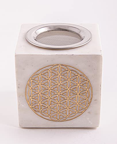 Berk ST-400 Diffuser 2 in 1 Räuchergefäß quadratisch *Blume des Lebens* aus Marmor Stein - Duftlampe Teelicht mit 80 ml Wasserschale & Räucherstövchen mit Sieb für Weihrauch Räuchern
