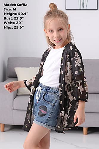 Gorlya Girl's Floral Print Chiffon Beach Cardigan Cover Ups Kids Casual Kimono Capes Swimsuit Wraps(Gor1128,12Y,Black Print) #TOP2