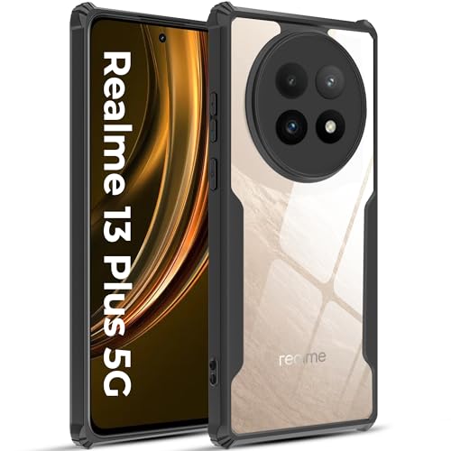 Image of A rtistque Clear Hard Transparent Acrylic Armor Anti-Drop Shockproof TPU Edge Back Cover Case for Realme 13 Plus - Black