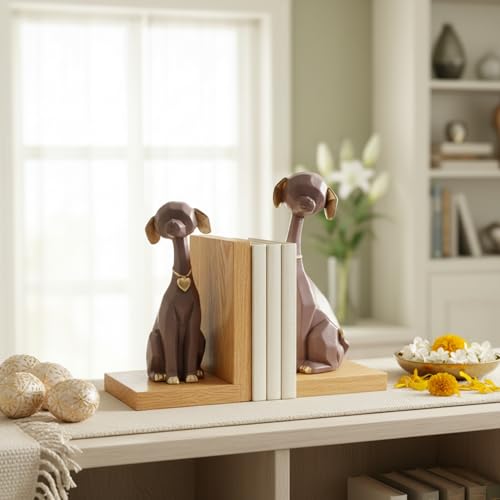 Image of eCraftIndia Wooden Book End and Set of 2 Cute Dog Statues Animal Figurines Decorative Showpieces for Home Decor in Living Room Office