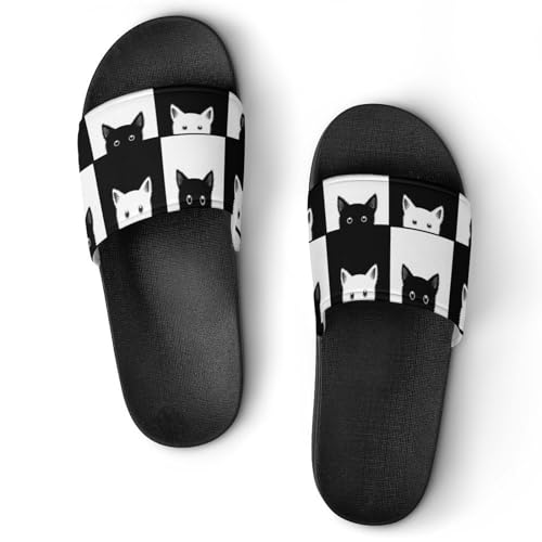 Claquettes femme chat noir et blanc - pantoufles bain antidérapantes & chaussons