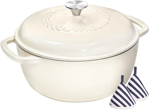 Image of Enameled Cast Iron Dutch Oven Pot with Lid - Wildone 6QT Dutch Oven for Bread Baking, Braising, Stews, Roasting, Across All Cooktops, Oven Safe up to 500° F, Cream White