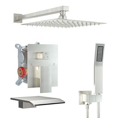 ShiureBath 10 Inch Shower Faucet Set with Tub Spout Wall Mounted Shower System for Bathroom with High Pressure 10 Inch Rain Shower head and Handheld Shower Head Set, Brushed Nickel