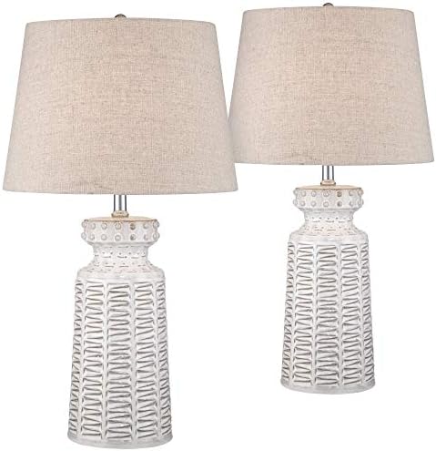 360 Lighting Helene Country Cottage Table Lamps 26" High Set of 2 Ceramic Rustic Cream White Glaze Tan Linen Drum Shade for Living Room Bedroom House Bedside Nightstand (Color May Vary)