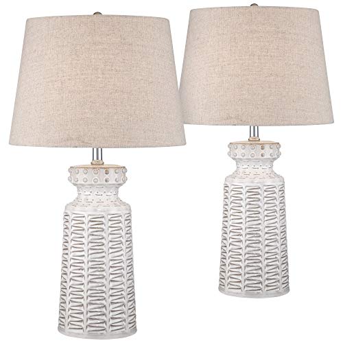 360 Lighting Helene Country Cottage Table Lamps 26" High Set Of 2 Ceramic Rustic Cream White Glaze Tan Linen Drum Shade For Living Room Bedroom House Bedside Nightstand (Color May Vary) #TOP2