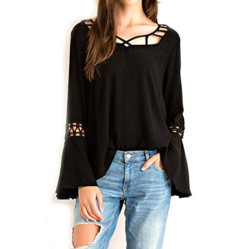 Solid Black Loose Fit Bell Sleeve Top Blouse with Strappy Neckline Detail, Medium