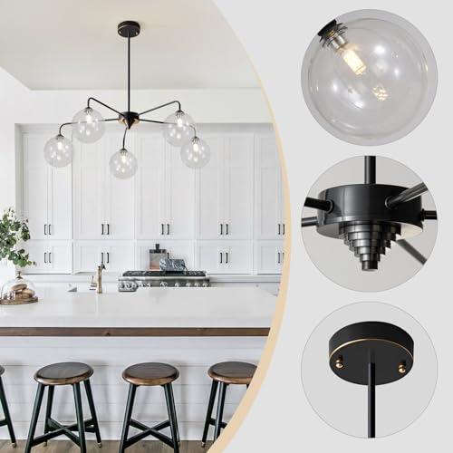 Image of Mid Century Modern Sputnik Chandelier 5 Light Black Chandelier Clear Glass Globe Sputnik Chandelier for Dining Room Bedroom Kitchen