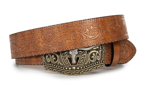 Image of Men's-Western-Leather-Belts Cowboy-Longhorn-Bull-Head-Buckle-Belt Floral-Engraved Waistband for Women