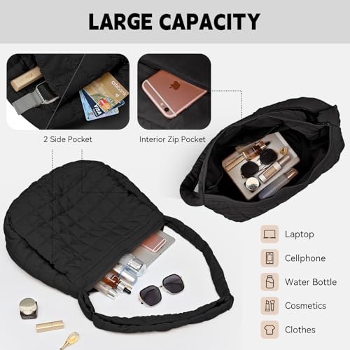 Image of Quilted Puffer Tote Bag Adjustable Shoulder Strap NylonTote Bag Trendy Oversized Shoulder Bag for Women Travel Casual