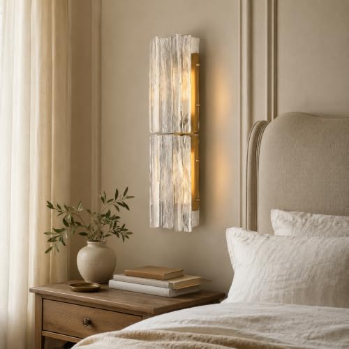 Image of 30 Inch Water Ripple Glass Wall Sconce, Hardwired Brass Sconce, Included Bulb