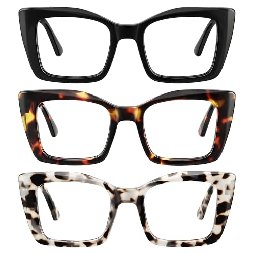 kunchu 3 Pack Reading Glasses for Women Oprah Style Oversized Square Reading Glasses Blue Light Blocking Spring Hinge Readers（1.5）