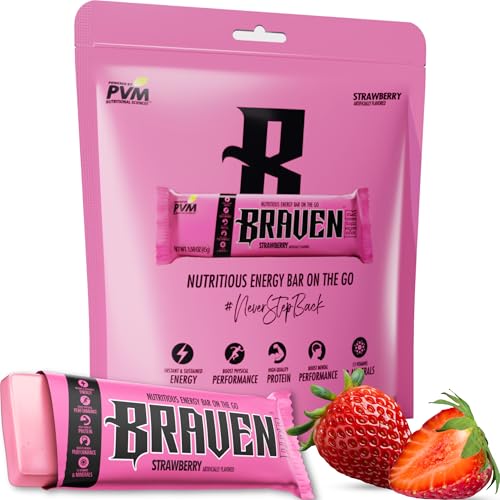 Braven Bar Pre Workout Energy Bar, Strawberry (Pack of 10) – Caffeine Free Preworkout Snack, Non Stim Preworkout with BCAAs, 5g Protein & 13 Vitamins – No Jitter Endurance Fuel – Allergen Friendly
