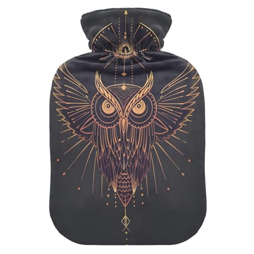 Wärmflasche, 1 l, kleiner Wärmbeutel mit weichem Plüsch-Bezug, Eule, Boho, auslaufsicherer Schraubverschluss, ideal für Wintersport, Outdoor,...