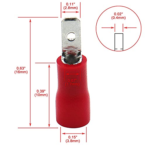 Baomain Red Male Insulated Spade Wire Connector Electrical Crimp Terminal 18-22 Awg 2.8 X 0.5Mm Pack Of 100 #TOP3