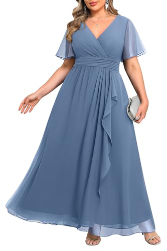 Dusty Blue Dress Plus Size Formal Dresses Bridesmaid Wedding Guest Mother of The Bride Prom Chiffon Short Sleeve Women