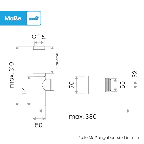 Bächlein Design Siphon Universal für Waschbecken & Waschtisch - Abflussgarnitur passgenau - Geruchsverschluss mit Reinigungsöffnung + Einbauanleitung - Designsiphon Ablaufgarnitur Röhrensiphon