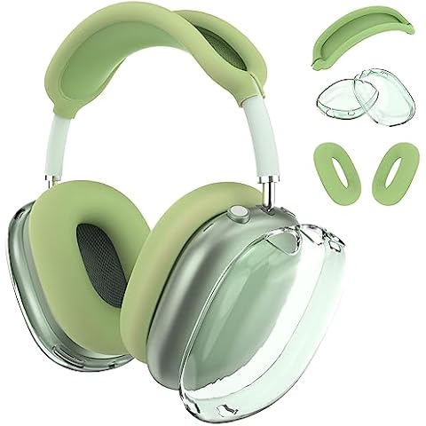 JDHDL [3 in 1] for Airpods Max Case Cover, Clear Soft TPU Earcup Case Cover+Slicone Earpad Cover+Silicone Overhead Cover, Transparent Protective Case for Apple Airpods Max Accessories(Green) Cover