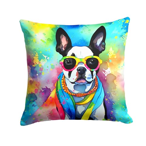 Caroline's Treasures DAC2469PW1818 Boston Terrier Hippie Dawg Fabric Decorative Pillow Machine Washable, Indoor Outdoor Decorative Pillow for Couch, Bed or Patio, 18Hx18W