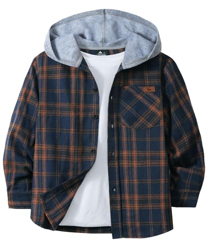Boys Long Sleeve Button-up Shirt with Hood Unisex Kids Cotton Plaid Hoodie Flannel Fall Shirts for 6-15 Years Navy Orange