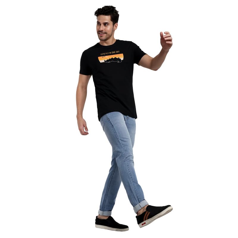 Image of ONE SKY Round Neck T Shirts for Men, Versatile Mens Wear, Mountain Print Round Neck Gents T-Shirt, Breathable, Pure Cotton Fabric, Relaxed Fit, Stylish & Durable, Easy to Care, Gift for Men