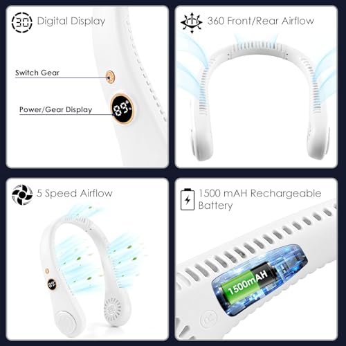 Image of Portable Rechargeable Neck Fan, White | Hands-Free Personal Fan, 1500 mAh Battery & Digital Display, 5-Speed 360 Airflow, USB Charging