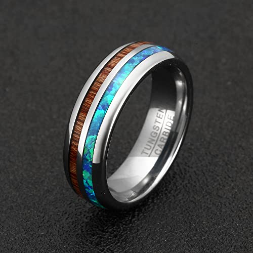 Mens Tungsten Wedding Bands - 8mm Created Blue Opal/Fire Opal Rings Hawaiian Koa Wood Inlay Ring Dome Style Comfort Fit Size 5-152