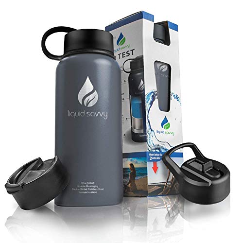 Liquid Savvy 32 oz Insulated Water Bottle with 3 lids - Stainless Steel