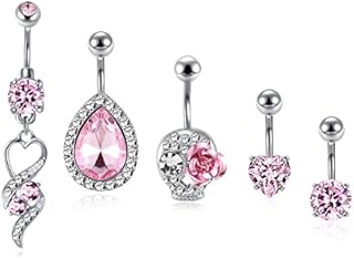 JSDDE 5pcs 14G Pink Belly Bars Belly Button Rings Stainless Steel Navel Dangle Bar Body Piercing Jewelry