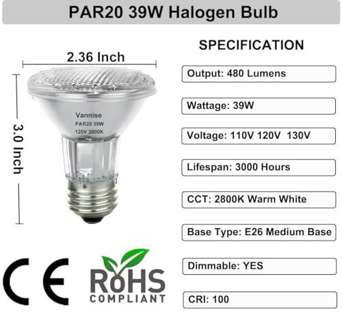 PAR20 Flood 39W 120V 480 Lumens Warm White Halogen Light Bulbs