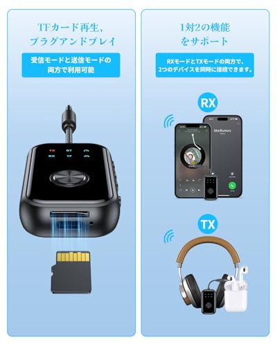 STDRIVO Bluetooth 5.4 トランスミッター ＆ レシーバー 2台同時接続 2-in-1 ブルートゥース トランスミッター レシーバー 3.5mm AUX アダプタ, bluetooth 受信機&送信機 低遅延 飛行機/車載/テレビ/ホーム 充電しながら使用可
